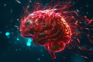 Obraz premium Futuristic digital illustration of a glowing human brain, showcasing neural connections and networks in a vibrant, technology-inspired display.