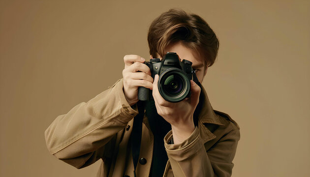 Professional photographer taking photos with a pro camera isolated on pastel background , copy space, temple design, World Photography Day concept - Powered by Adobe