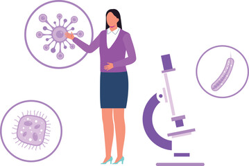 Girl is showing virus in microscope.