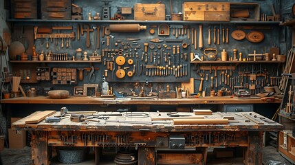 Vivid close-up of a wooden workbench covered with an array of hand tools, pieces of wood in various shapes, and bespoke items.