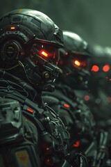 Fototapeta premium A squadron of futuristic soldiers with glowing red eyes