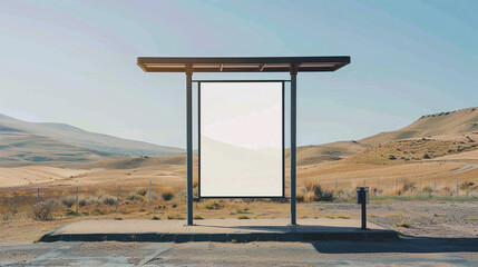 Tall blank advertising space at a bus stop with a serene hilly and clear sky background.