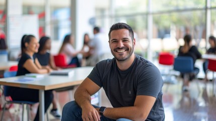 Fototapeta premium Confident Young Man Smiling in a Modern Office Environment with Team in Background
