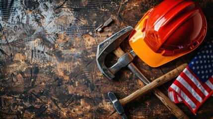 Colorful Labor Day background with hammer, safety helmet, American flag, and worker tools