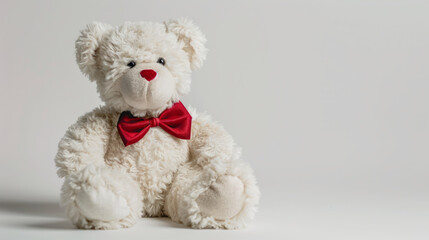 White teddy bear with red bow tie. Adorable white teddy bear wearing a red bow tie, perfect for Valentines Day, birthdays, or any special occasion.