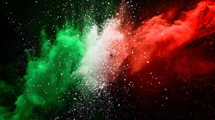 Green, white and red colored powder explosions on a black background, holi paint powder splash in colors of Mexican flag. Ideal for cultural events and vibrant celebrations.