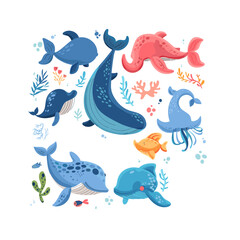 Naklejka premium A cartoon style image of various sea creatures swimming together