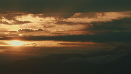 Tropical Forest Nature Landscape With Mountain Range Sunrise. Cloudy View In Mountains.