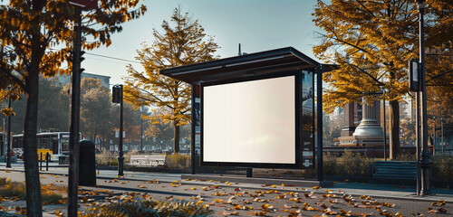 Elegant vertical billboard installed at a bus stop near a historical monument.