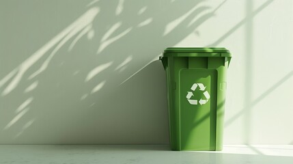  A lone green recycling bin stands against a stark white background
