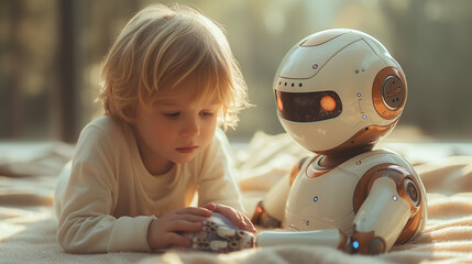 Magic of technology as a young child bonds with robotic buddy in domestic interior