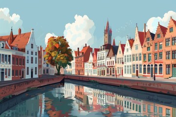 Illustration of Bruges city, the capital of West Flanders in northwest Belgium