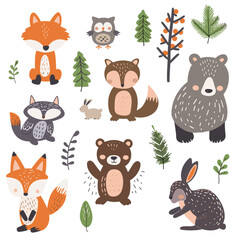 Fototapeta premium group of forest animals, including foxes, raccoons, rabbits, and hedgehogs, in a sunlit clearing