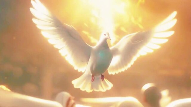 A majestic dove symbolizing the Holy Spirit descending upon the disciples, with its wings spread wide, 4K High-Quality Animation Video
