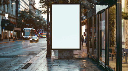 Bus stop on a high-traffic shopping avenue featuring a trendy vertical blank billboard.
