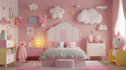 Child's bedroom with a delightful pastel color scheme and cartoon character elements.Comfortable bed, whimsical wall decor, and a variety of playful accessories, making the room both fun and cozy 