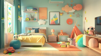 3D kids' bedroom with pastel colors and adorable cartoon character decor.Cozy bed with themed bedding,cheerful space for children to relax and play