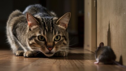 Obraz premium A cat and a mouse on the floor next to each other, AI