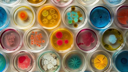 Petri dishes showcasing an array of colorful bacterial cultures