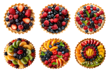 Collection of fruit berry berries cream curd fruit tart tartlet pastry dessert, on transparent PNG, top view overhead. Mockup template for design. Kiwi, raspberry, strawberry, peach, blackcurrant