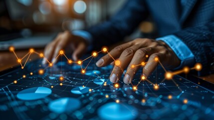 Businessmen touch the glowing arrow line chart of business growth and success, stock concept. The background shows business growth and success,