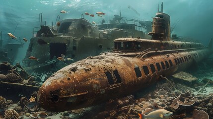 Fototapeta premium Underwater scene with a rusted submarine and a shipwreck, surrounded by diverse marine life including colorful fish and coral reefs.
