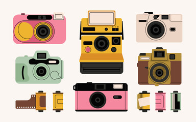 Retro film photo camera isolated on white background. Old vintage analog disposable photo camera. Hand-drawn colored flat vector illustration