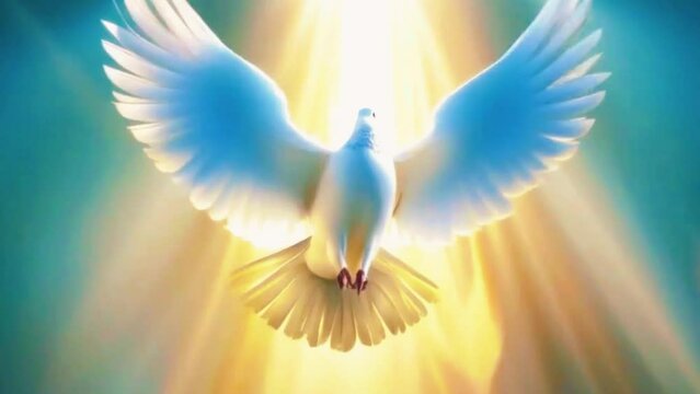 A majestic dove symbolizing the Holy Spirit descending upon the disciples, with its wings spread wide, 4K High-Quality Animation Video