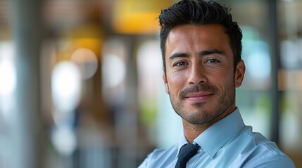 Fototapeta premium Male professional portrait in a casual shirt and tie with a modern office 