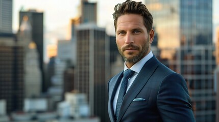 Male professional portrait in a navy suit against a city skyline backdrop