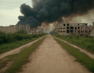 Abandoned Cityscape with Fire and Black Smoke Amidst Destroyed Buildings