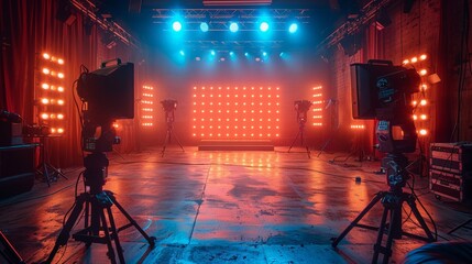 Dynamic Concert Stage with Vibrant Lighting and Professional Equipment Setup