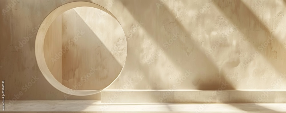 Poster light beige abstract background with a round tunnel door, perfect for product presentation
