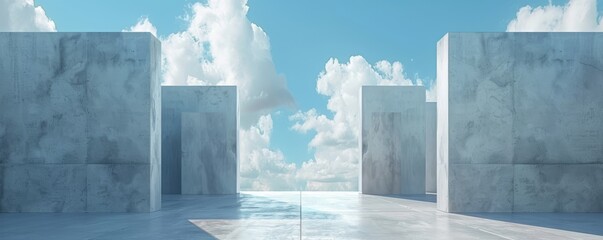 Minimalist architectural buildings made from concrete, 3D rendering with blue sky and copy space