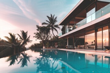 Obraz premium Luxurious outdoor poolside area at sunset, modern house with glass walls, tropical palm trees reflecting in water