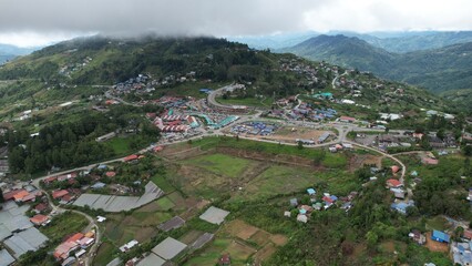 Kundasang, Malaysia - May 28 2024: Aerial View of The Kundasang Town