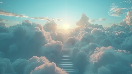 Stairs ascending into the sky, through a sea of fluffy clouds, representing the journey to enlightenment and spiritual awakening