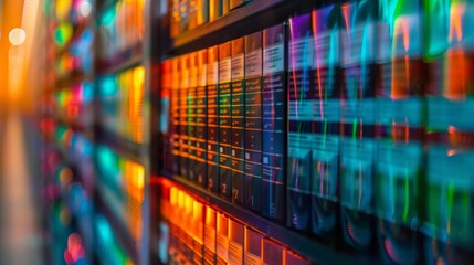 A vibrant bookshelf filled with colorful books, creating a visually appealing and abstract background.