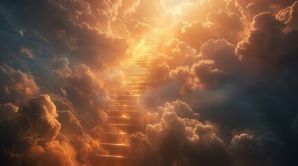 Majestic staircase of light, winding through layers of luminous clouds, symbolizing the spiritual journey towards enlightenment
