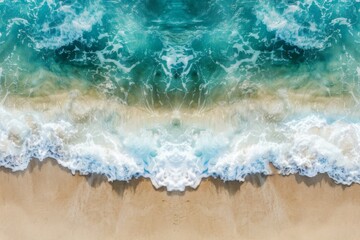 Stunning Aerial View of a Summer Beach,Waves Crashing onto Sandy Shore Creating Abstract Patterns in Blue and White
