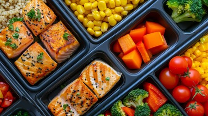 Macro shot of nutritious meals served on unbreakable compartment plates, isolated background, studio lighting, vibrant colors