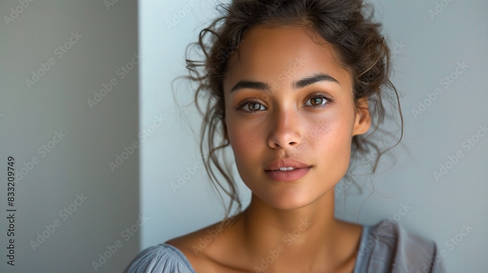 Poster Beautiful young woman with clear, radiant skin, smiling gently against a simple background