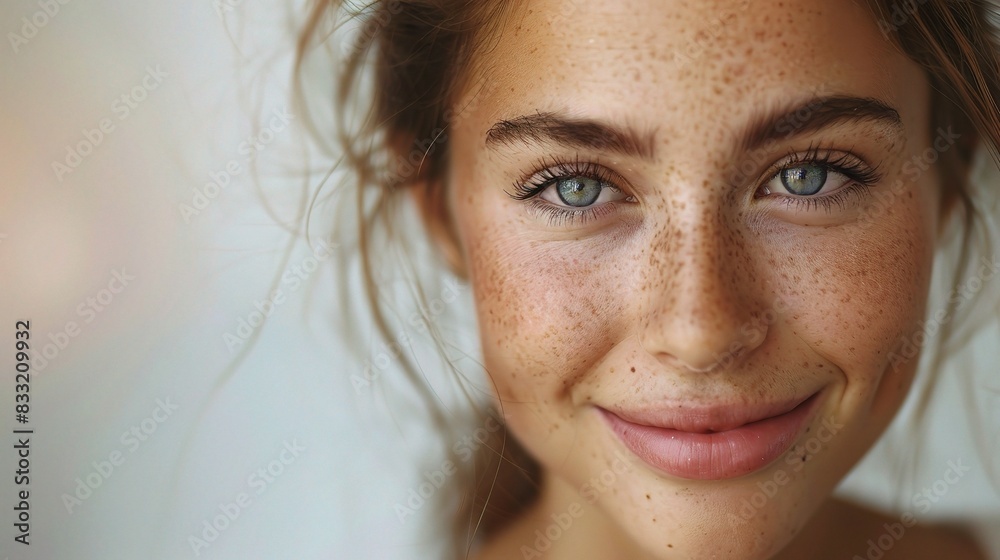 Sticker fresh-faced woman with smooth skin, her eyes engaging and smile bright, in soft, natural lighting