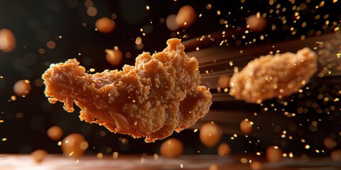 A spicy crispy fried chicken is flying in the air.