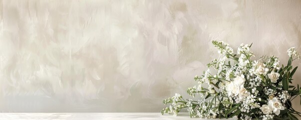 Muted background with a minimalist table and a simple bouquet of flowers, ideal for celebrations