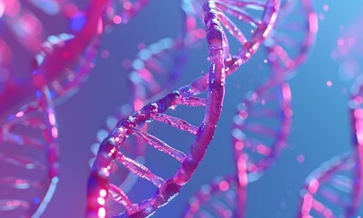 3D rendering of DNA helixes on a blue background. Close up view of pink and violet double strands,...