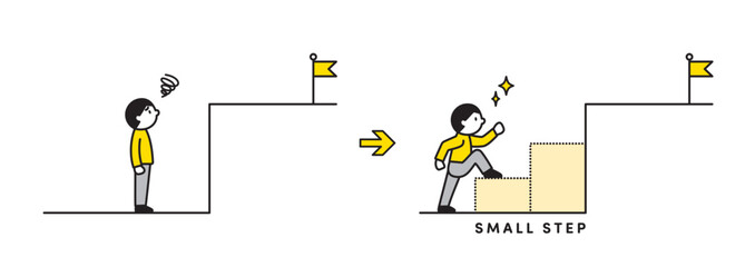困難な目標をスモールステップで達成する人物のイラスト