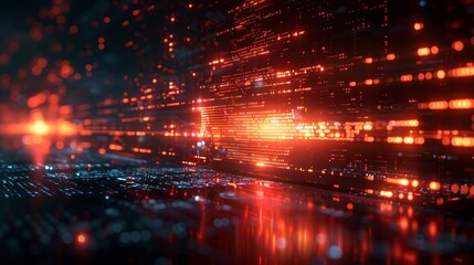 Abstract digital art with red glowing lines and particles, resembling a futuristic cityscape or circuit board.