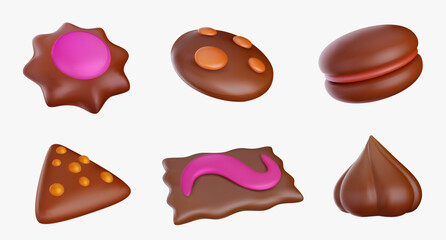Set of chocolate cookies different form in realistic glossy vivid 3d style. Bright cute dessert vector illustration.