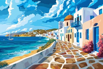 Illustration of Mykonos Island ,Greece , world travel